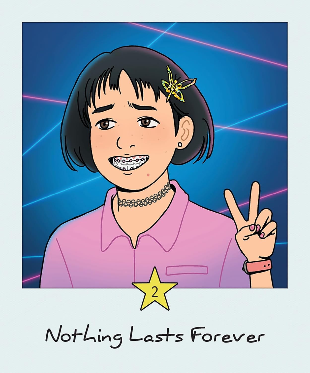 The Everyday Millennial Oracle deck by Elizabeth Su featuring nostalgic 90s and 2000s inspired oracle cards. Cartoon character with braces and a peace sign, wearing a pink shirt and a star-shaped hair clip, with 'Nothing Lasts Forever' text.