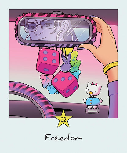 Cartoon character with colorful accessories and a hand holding a mirror, with 'Freedom' text. The Everyday Millennial Oracle deck by Elizabeth Su featuring nostalgic 90s and 2000s inspired oracle cards.