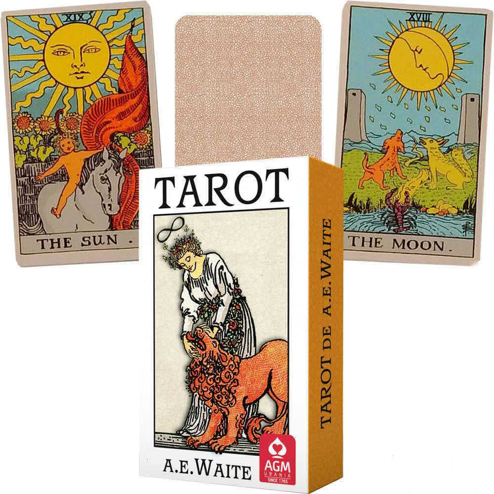 Tarot card set with 'The Sun' and 'The Moon' cards displayed, featuring A.E. Waite design.
