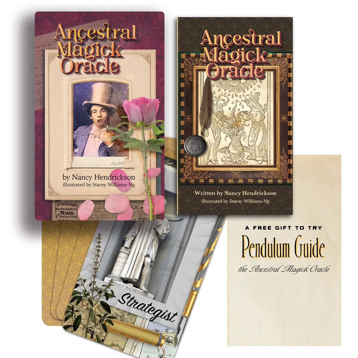 Ancestral Magick Oracle book and cards with a free gift offer on a white background