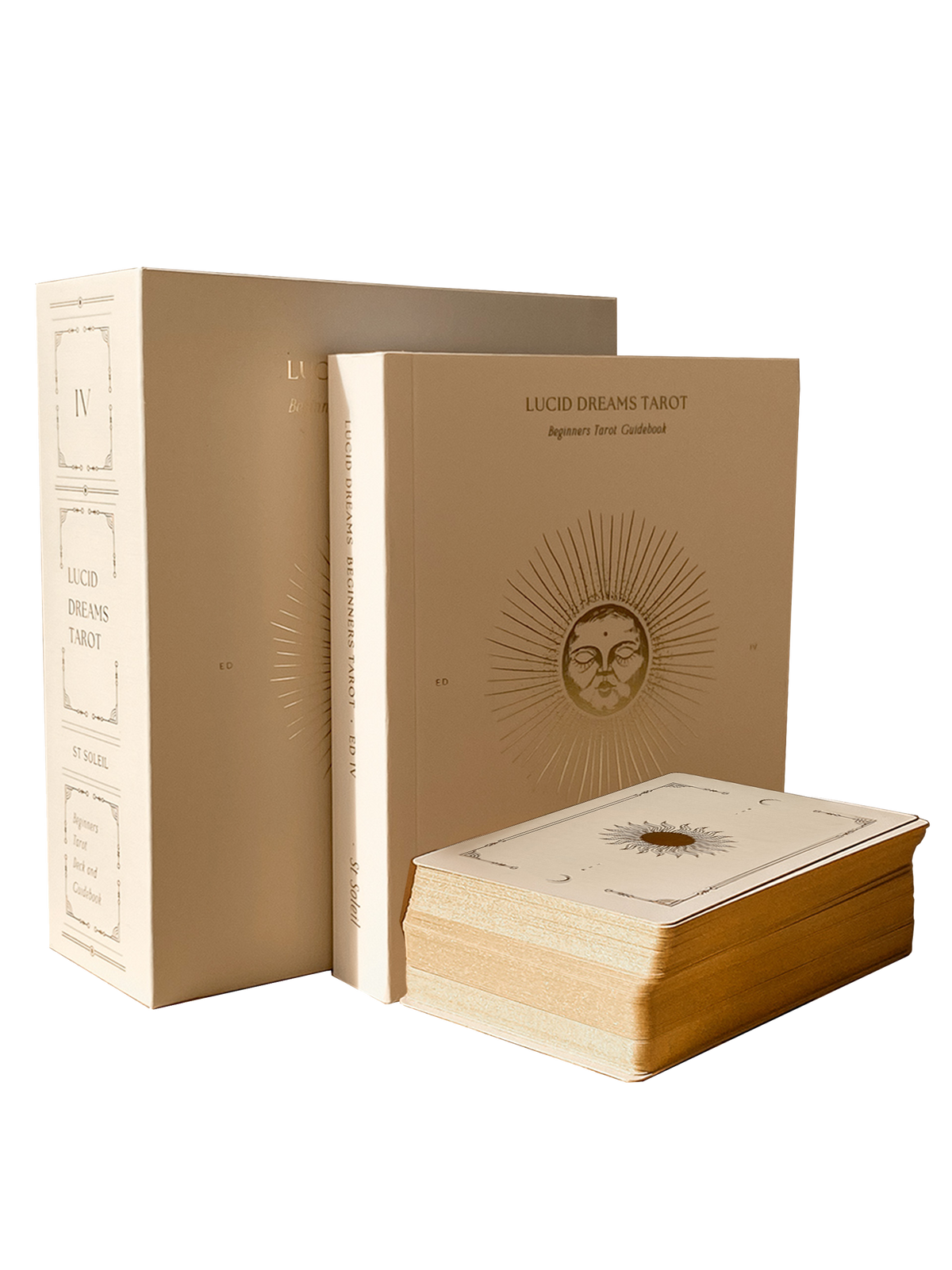 Lucid Dreams Tarot set with beige leather-bound book and card deck on a white background