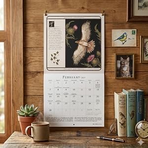 A wall-mounted February 2021 calendar page with a bird illustration and monthly grid, displayed on a rustic wooden wall above a table with books, a mug, and small framed art.