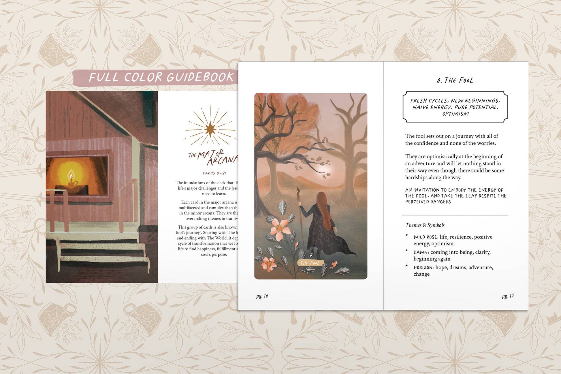 Open book showing illustrations and text on a patterned background