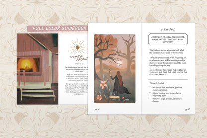 Open book showing illustrations and text on a patterned background