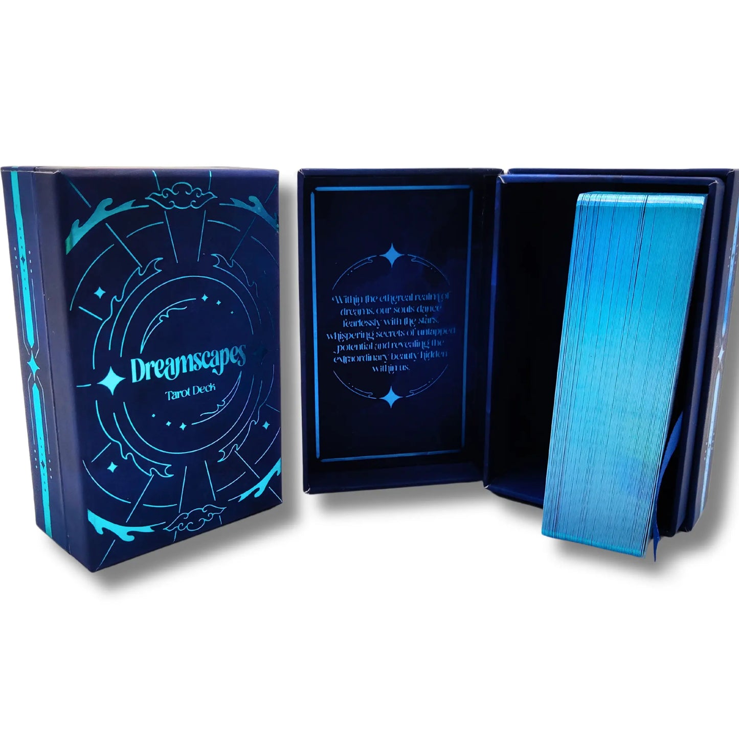 Blue card deck with 'Dreamscapes' branding on a white background