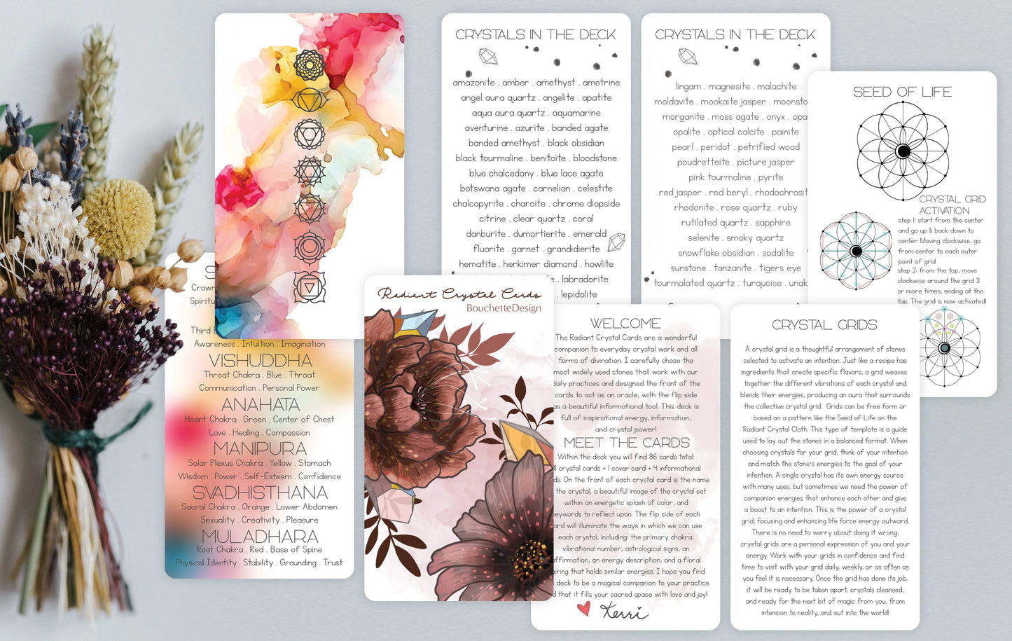 Set of tarot cards with colorful designs and text on a white background radiant crystal oracle