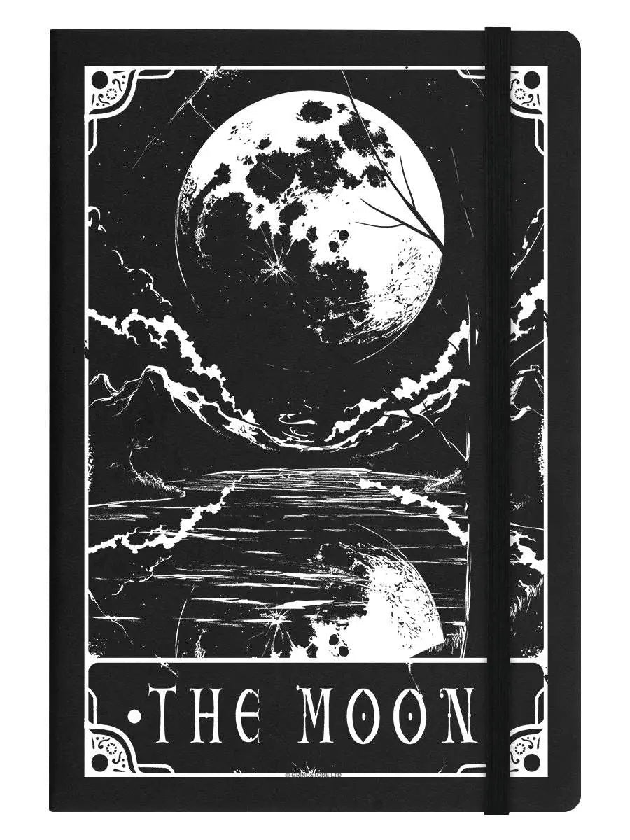 Notebook cover with black and white illustration of the moon and water, titled 'The Moon'.
