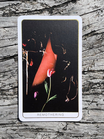 Death Doula Oracle Cards featuring original analogue 35mm photography with double exposure imagery, gold gilded edges and a guidebook for spiritual transformation and healing.