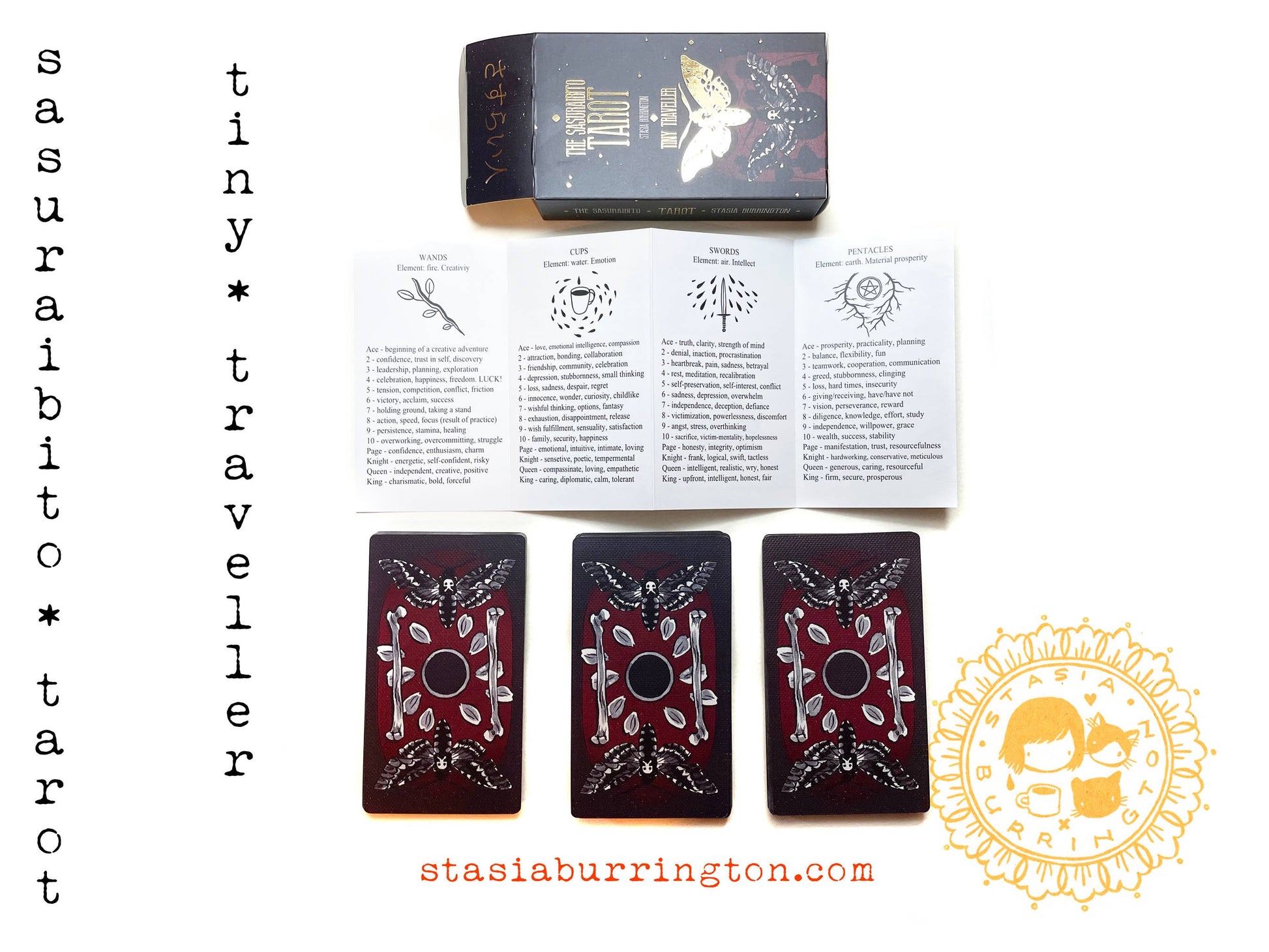 Tiny Traveller Tarot cards with instructions and branding on a white background