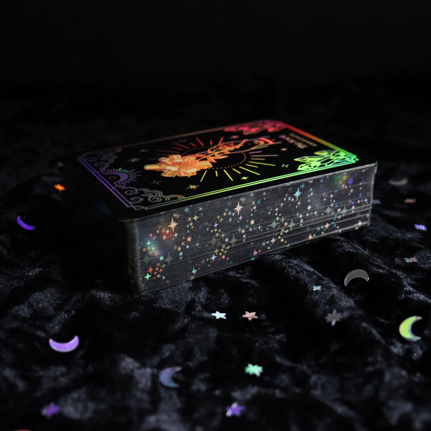 Crystalstruck Tarot Silver Edition deck with holographic silver foil and starry edges.