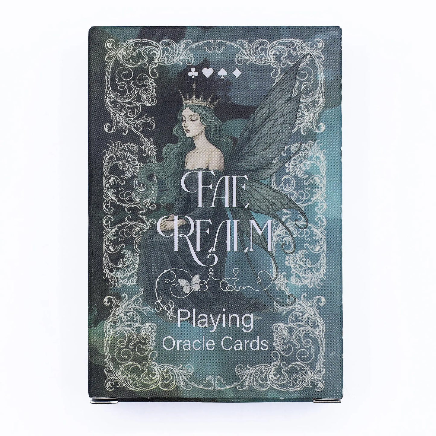 Card deck packaging for 'Fae Realm' playing oracle cards with a fairy design on a white background.