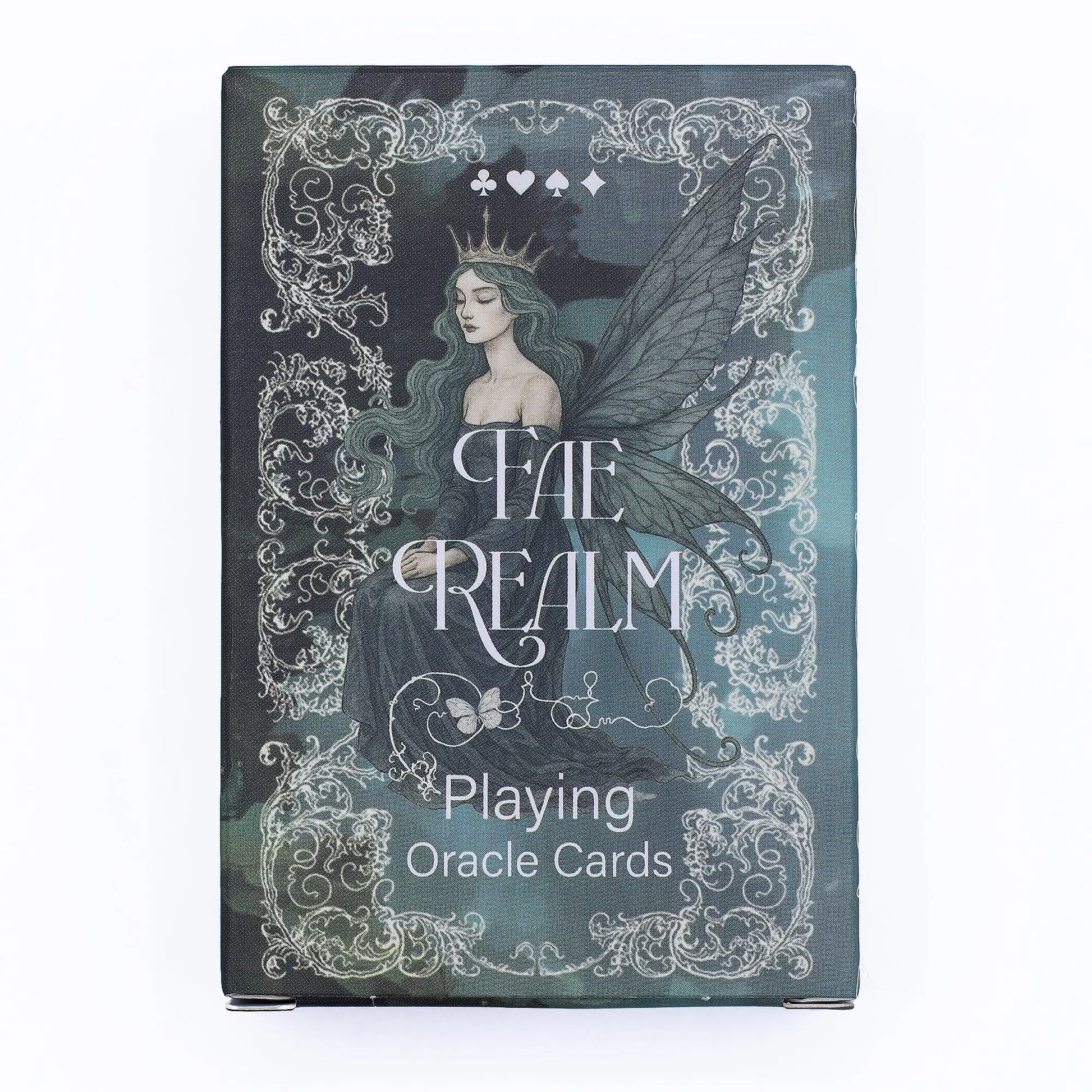 Card deck packaging for 'Fae Realm' playing oracle cards with a fairy design on a white background.