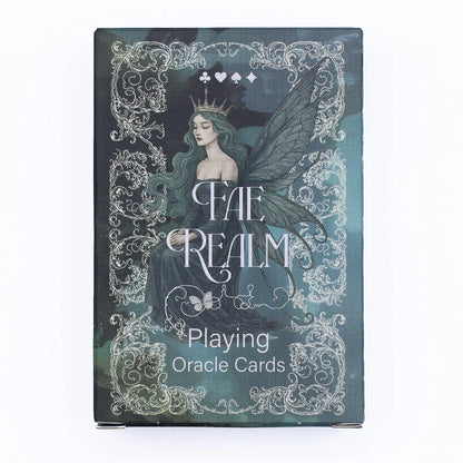 Card deck packaging for 'Fae Realm' playing oracle cards with a fairy design on a white background.