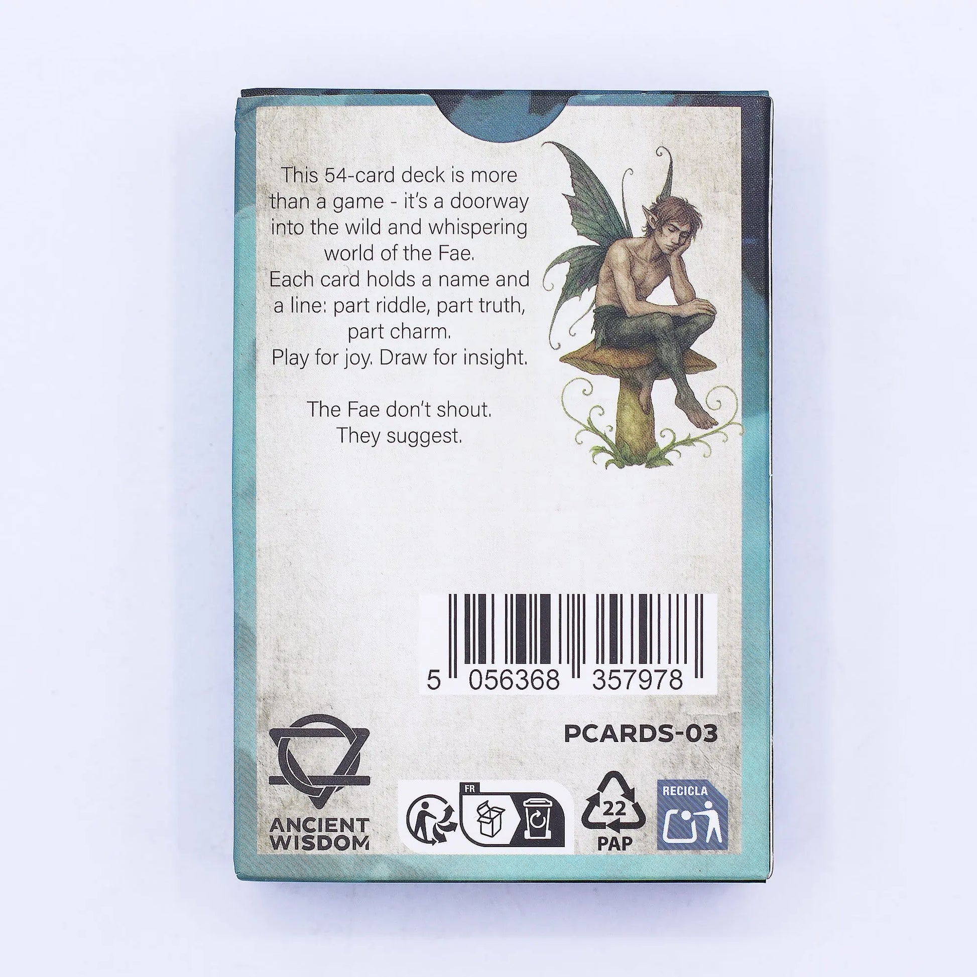 Back of a card deck packaging with fairy illustration and text on a white background