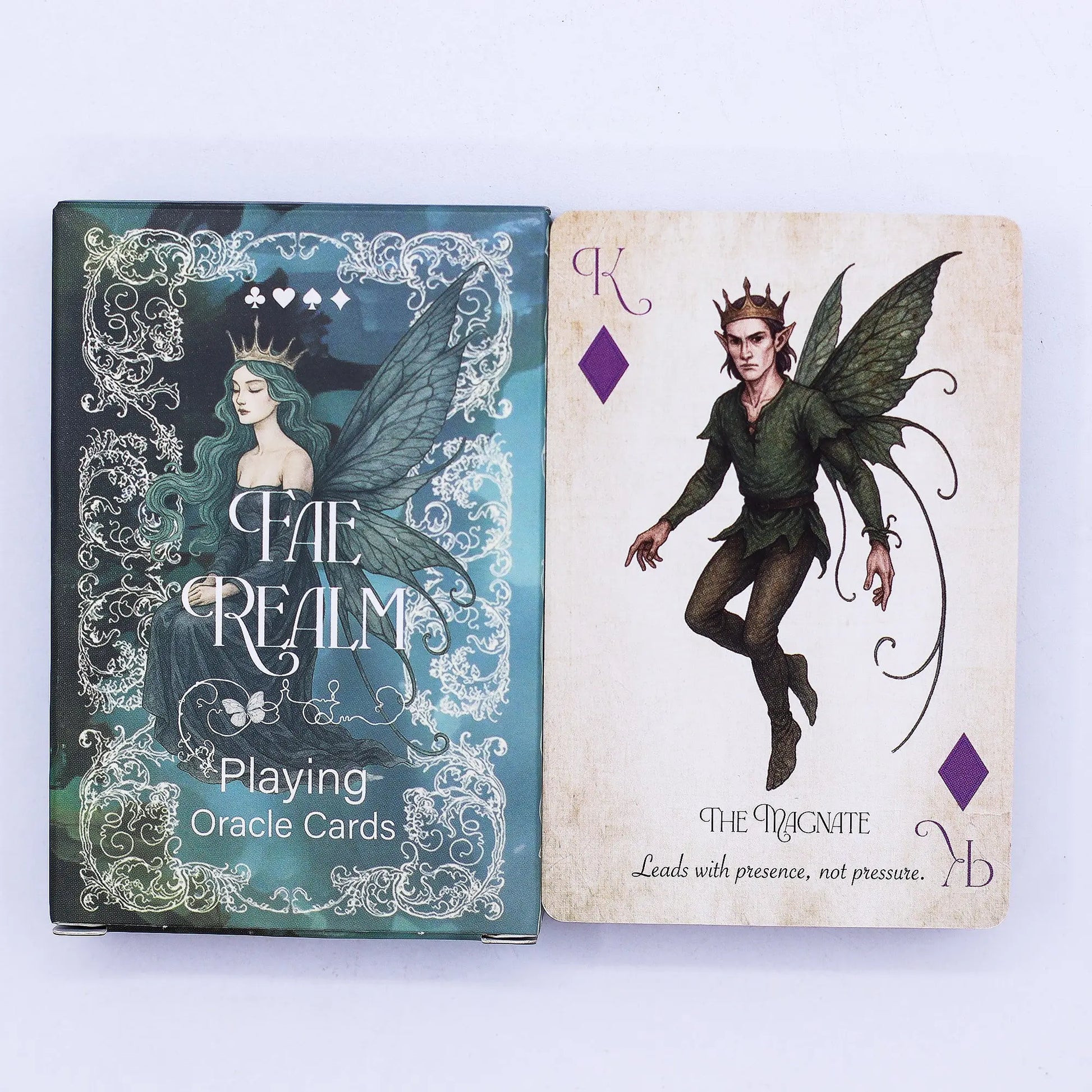 Fae Realm playing oracle cards with a card featuring a fairy and text on a white background