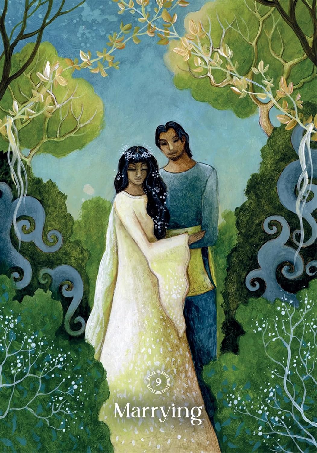Illustration of a couple embracing in a forest with the word 'Marrying' at the bottom.