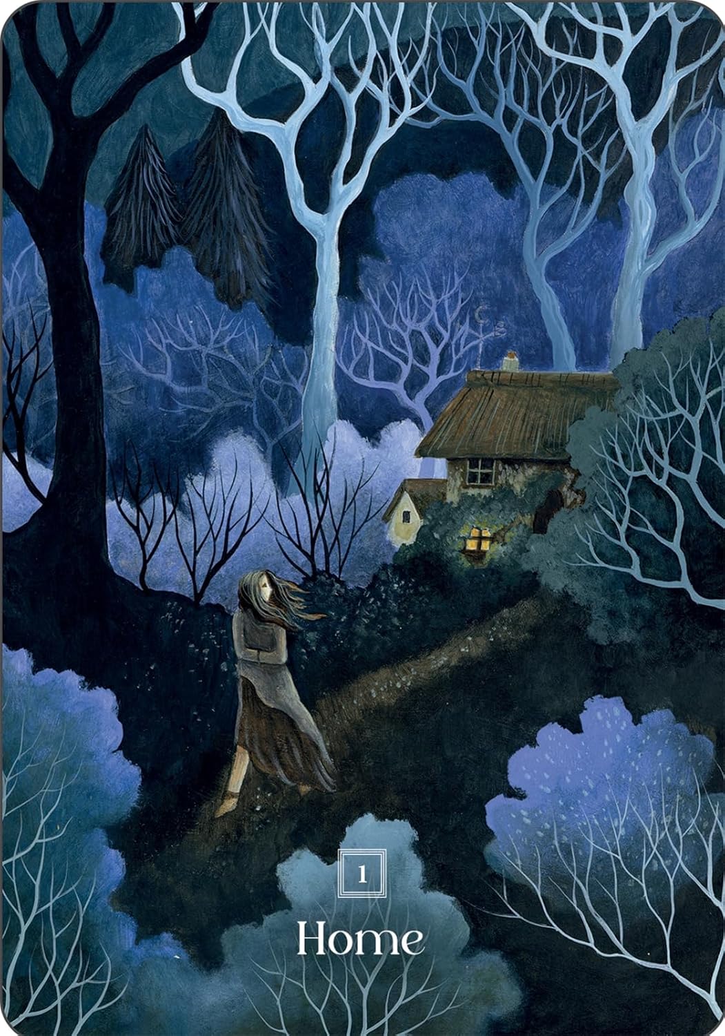 Framed artwork of a woman walking towards a house in a mystical forest at night.