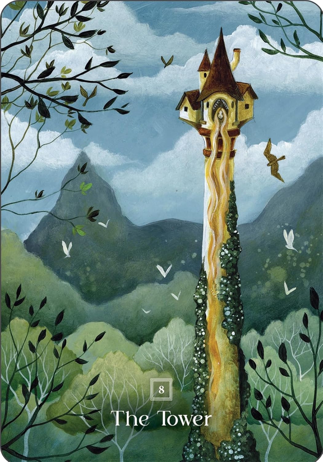 Fantasy card featuring a tall tower in a mountainous landscape with trees and birds.