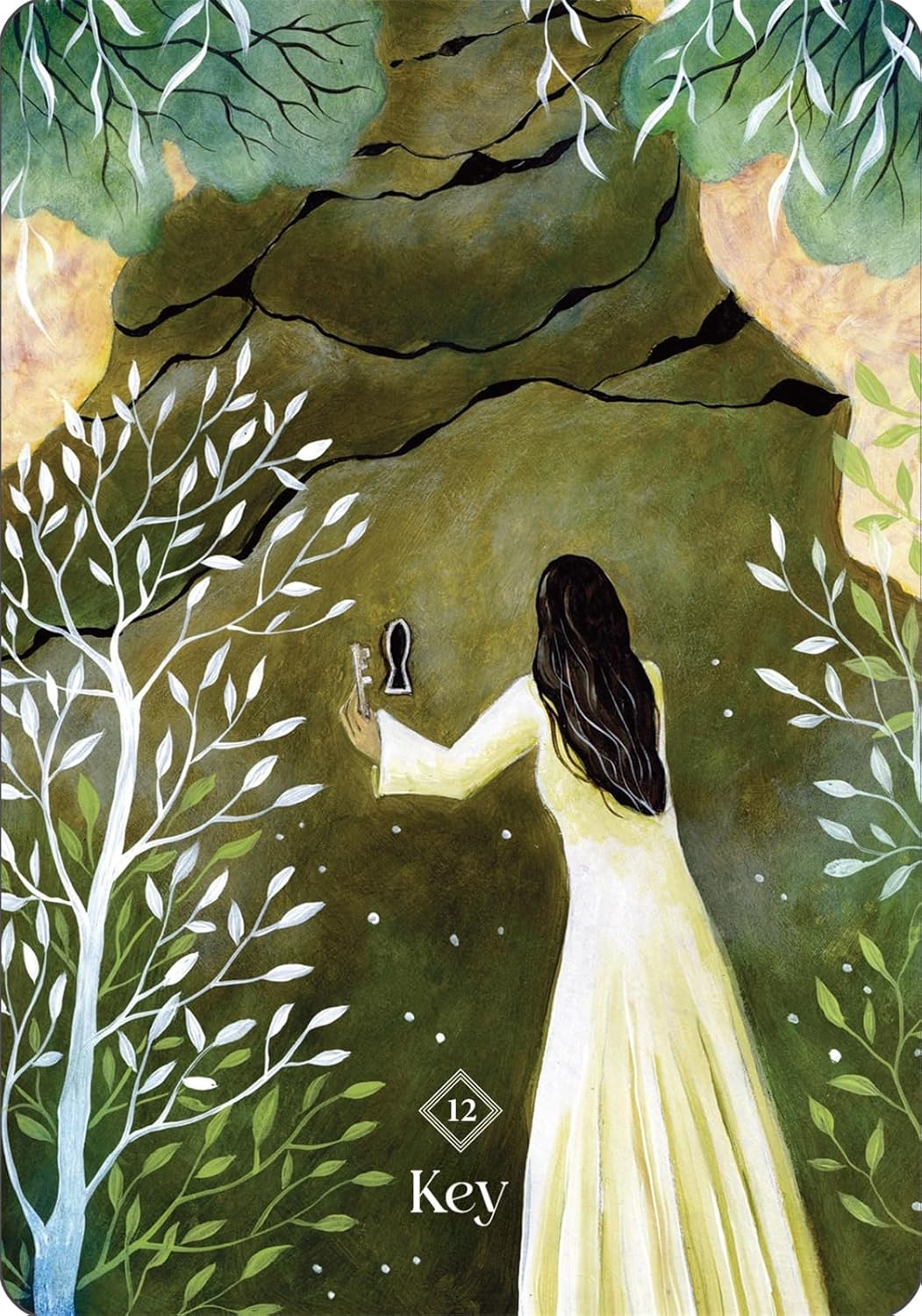 Illustration of a woman in a white dress holding a key, surrounded by trees and nature.