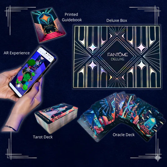 Fantome Deluxe tarot and oracle deck set with smartphone app, printed guidebook, and packaging on a dark background.
