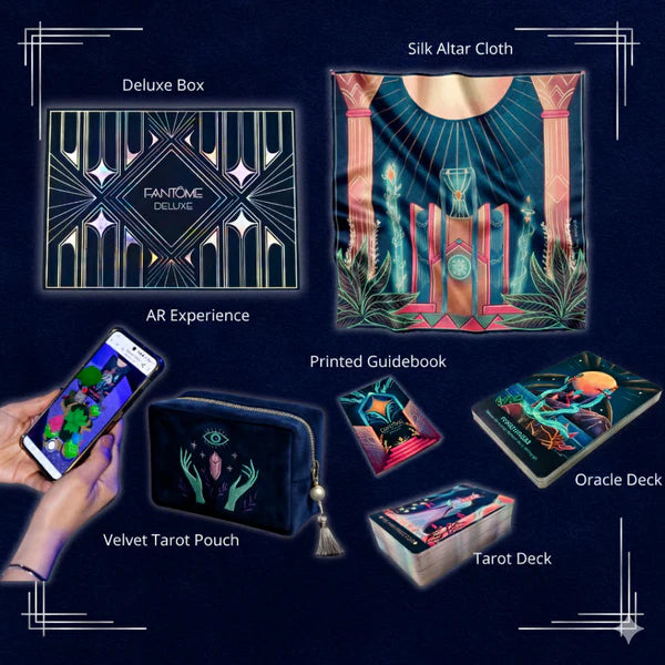 Collection of tarot card accessories including a deluxe box, altar cloth, AR experience, guidebook, pouch, and deck on a dark background.