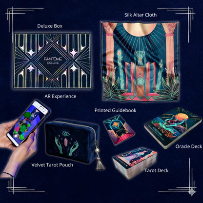 Collection of tarot card accessories including a deluxe box, altar cloth, AR experience, guidebook, pouch, and deck on a dark background.
