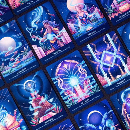 Collection of colorful tarot cards with various designs and text on a blue background