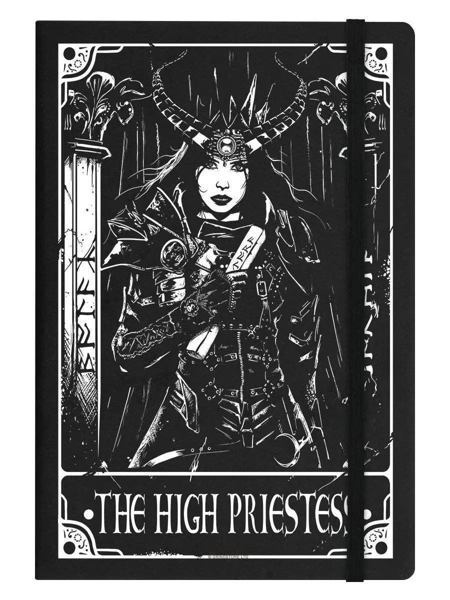 Black and white illustration of a tarot card featuring 'The High Priestess'.