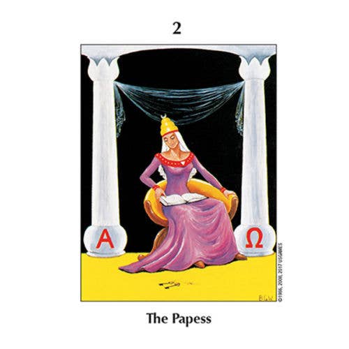 Tarot card titled 'The Papess' with a person in a purple dress sitting on a cloud, holding an open book.