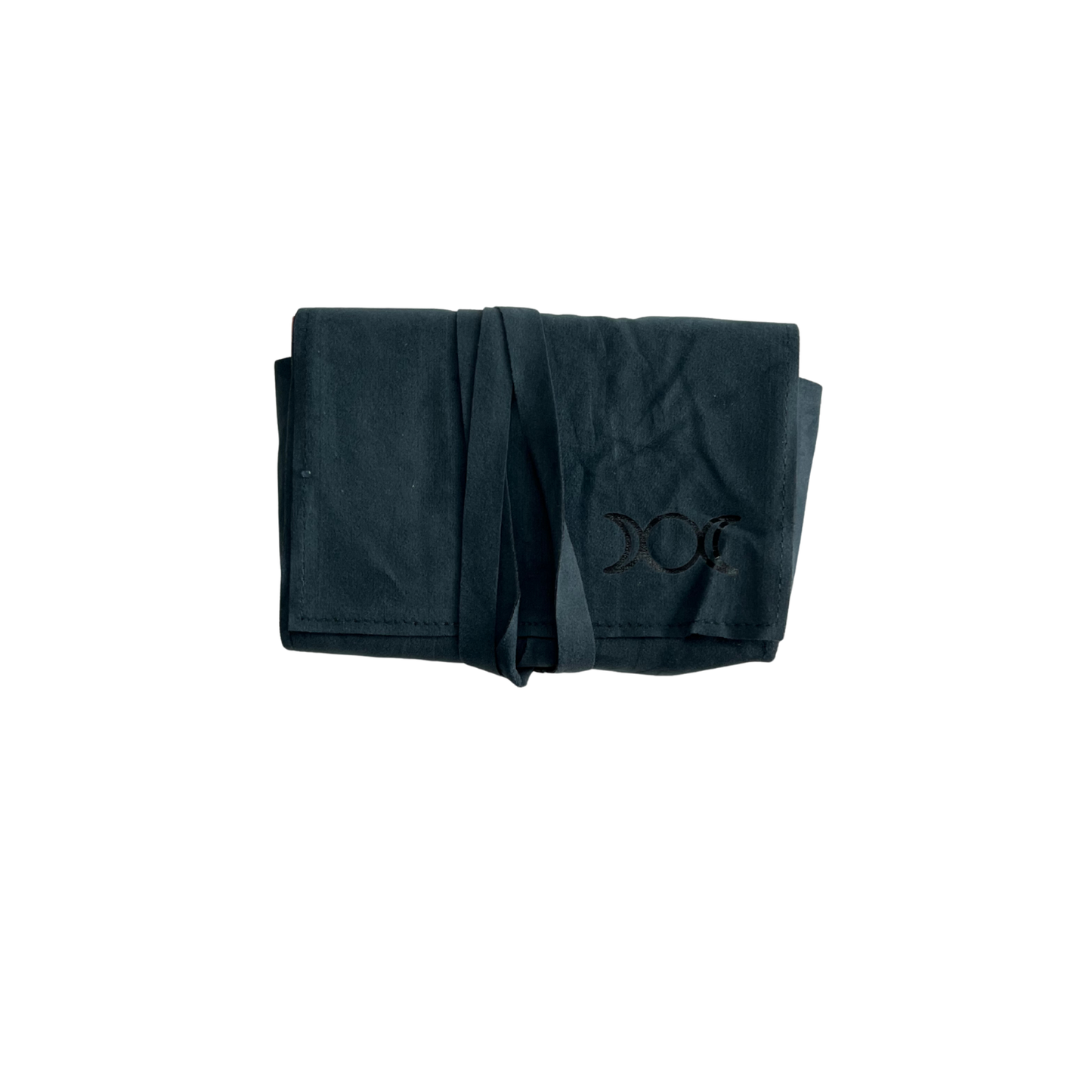 Black folded tarot pouch with a triple moon logo on a white background - Oneness Emporium