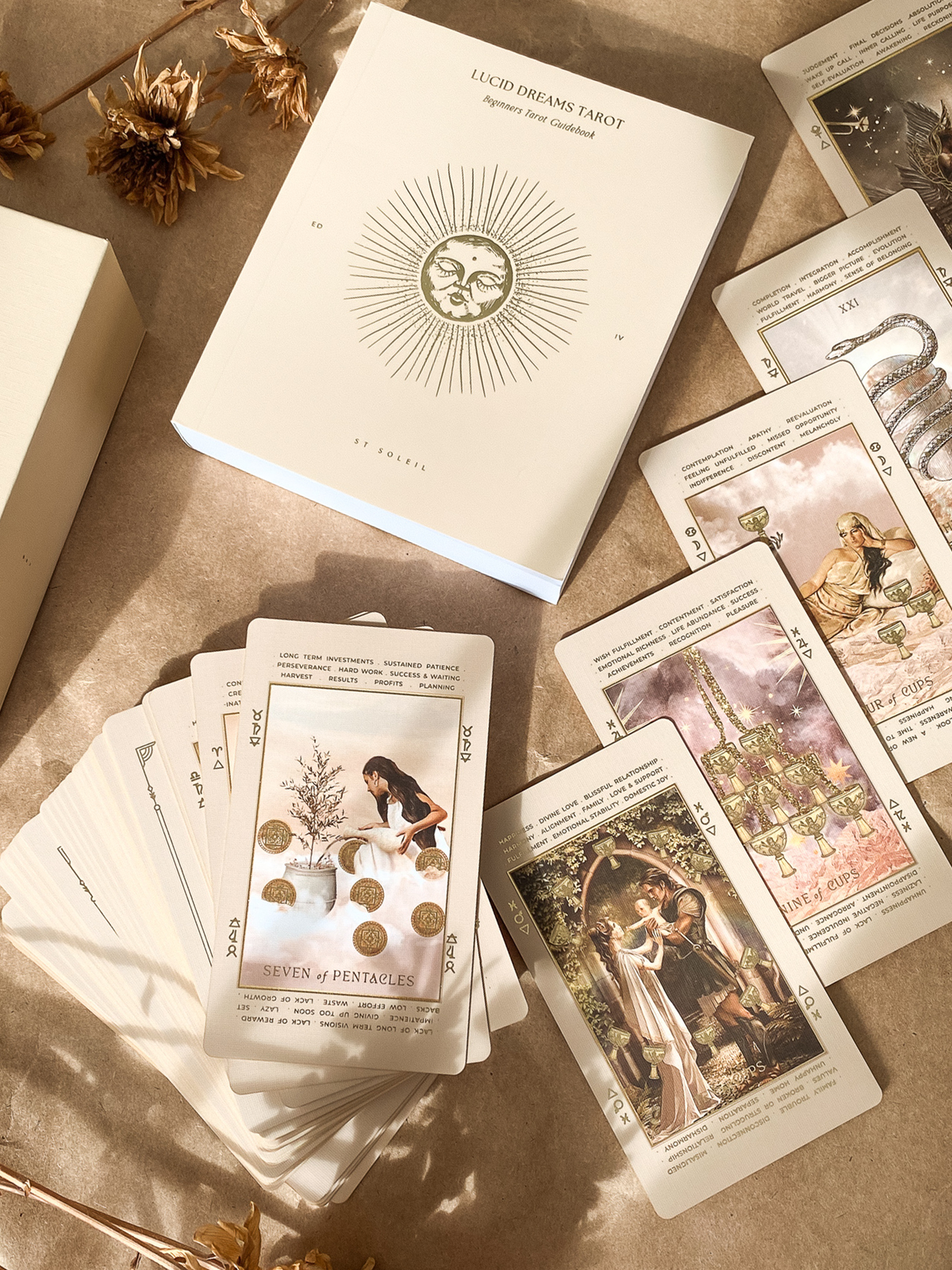 Lucid Dreams Beginner's Tarot Beige Edition IV by ST. SOLEIL with gold foil cards, matte gold edges and guidebook