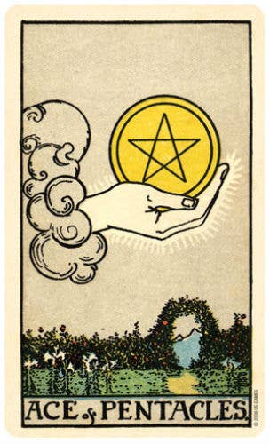 Ace of Pentacles tarot card with hand holding pentacle symbol against a natural background