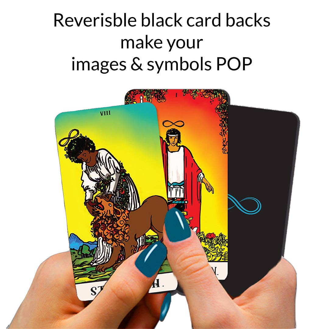 Two tarot cards with colorful illustrations on a white background, one showing a black card back.