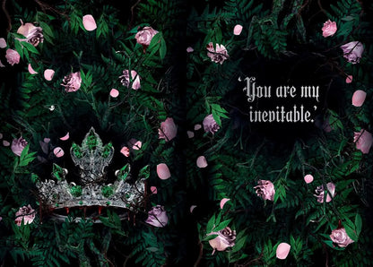 Crown surrounded by flowers with a romantic quote on a dark background Lauren roberts Powerless Trilogy 
