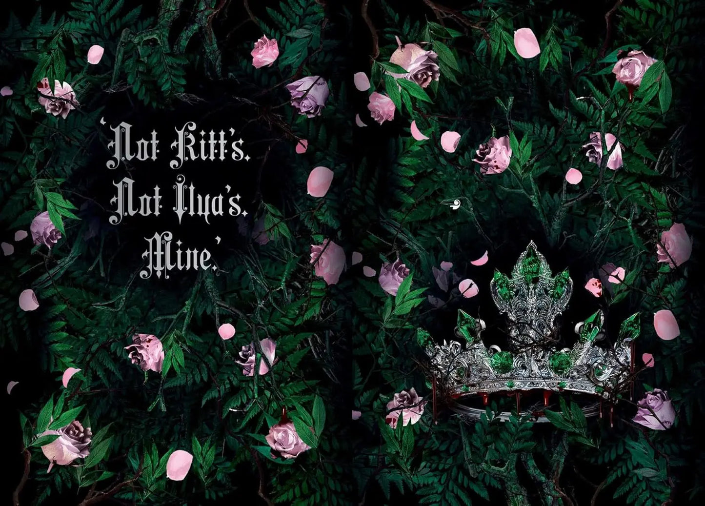 Decorative image with floral elements, a crown, and text on a dark background. Lauren roberts Powerless Trilogy