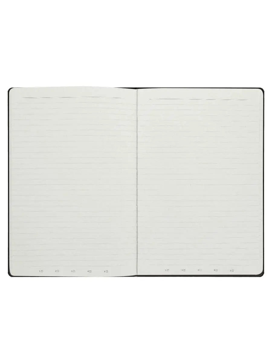 Open notebook with lined pages on a white background