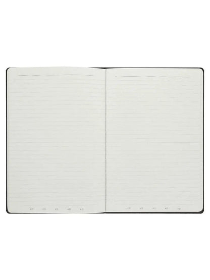 Open notebook with lined pages on a white background