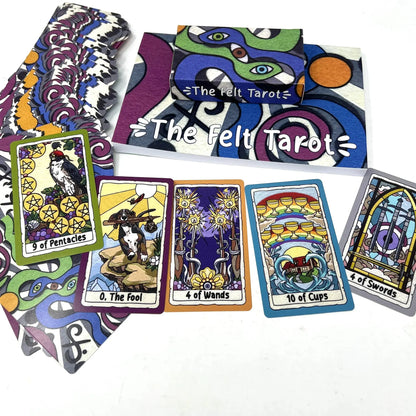 Colorful tarot cards from 'The Felt Tarot' on a white background