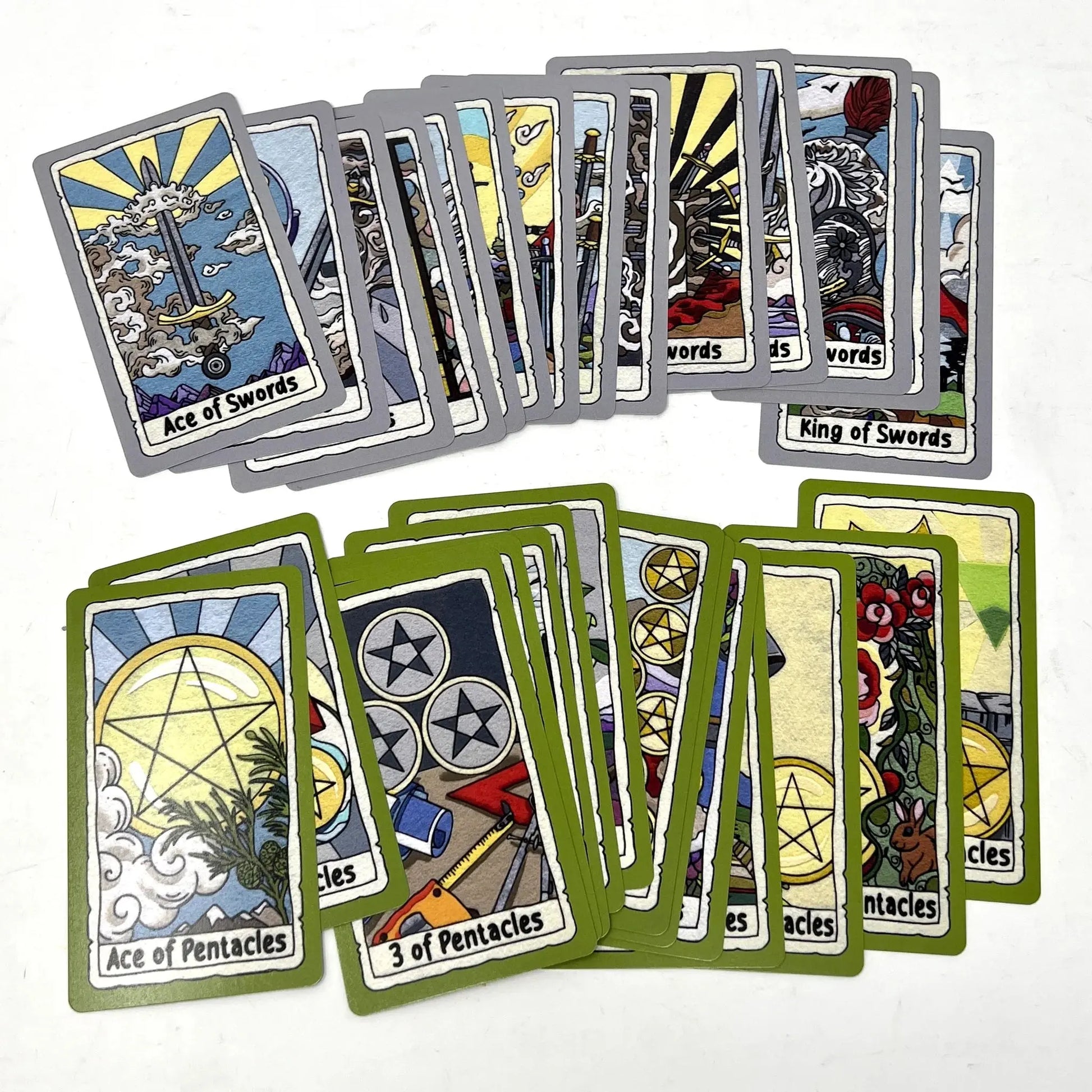 Set of tarot cards with colorful designs on a white background