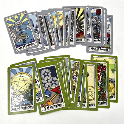 Set of tarot cards with colorful designs on a white background