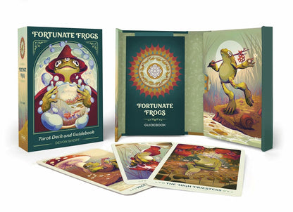 Fortunate Frogs tarot deck with cards and guidebook on a white background
