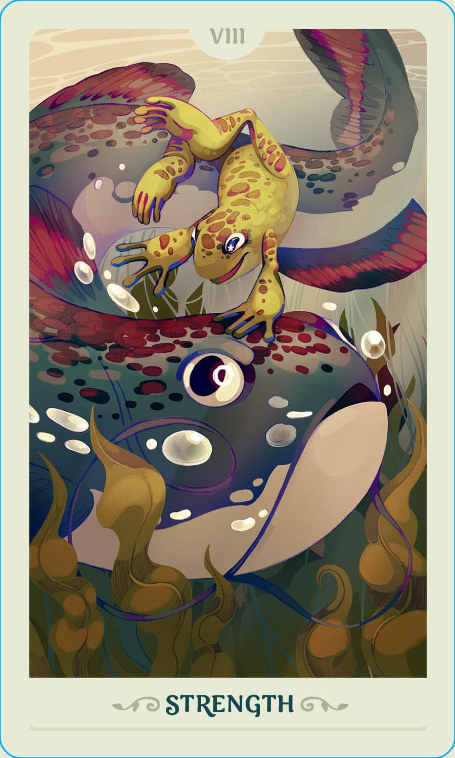 Tarot card titled 'Strength' featuring a colorful frog and fish underwater scene.