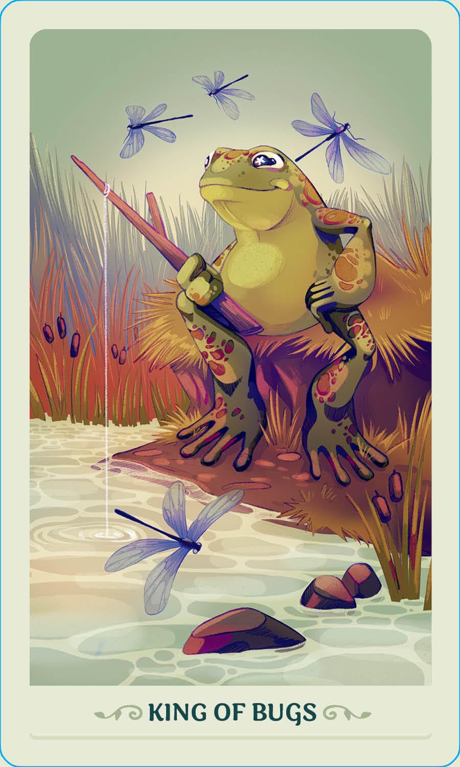 Frog with a staff and dragonflies on a nature-themed card labeled 'King of Bugs'.