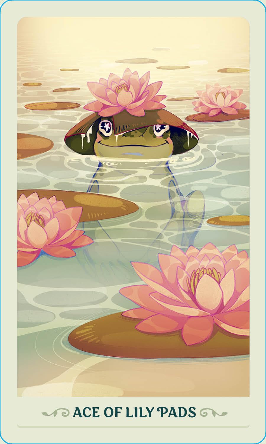 Card featuring a frog and pink water lilies with 'Ace of Lily Pads' text.