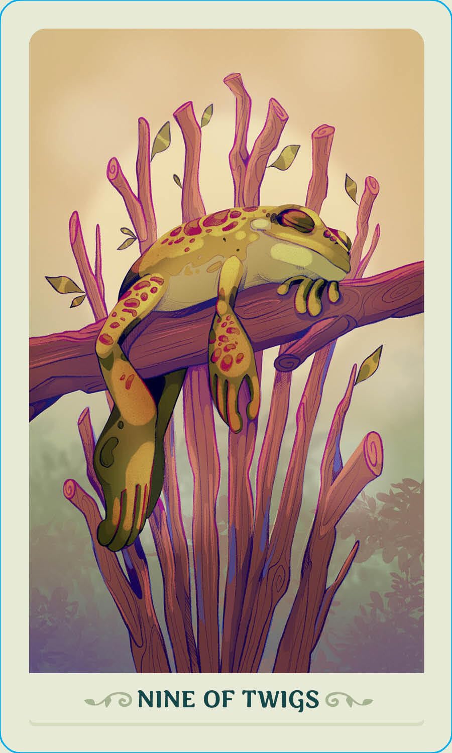 Frog on twigs with 'Nine of Twigs' text in a stylized design