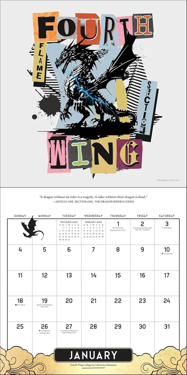 Fourth Wing Officially Licensed Fan Art 2026 Wall Calendar Andrews McNeel
