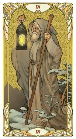 RWS tarot card The Hermit using classic art Nouveau style with gold overlays 