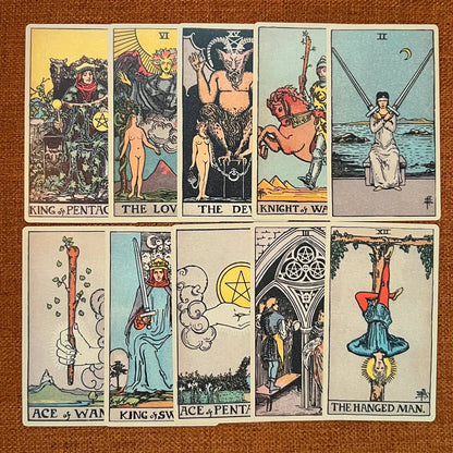 Collection of tarot cards on a brown background