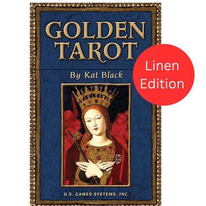 Golden Tarot Linen Edition by Kat Black featuring gold edged tarot cards and fine art collage imagery.