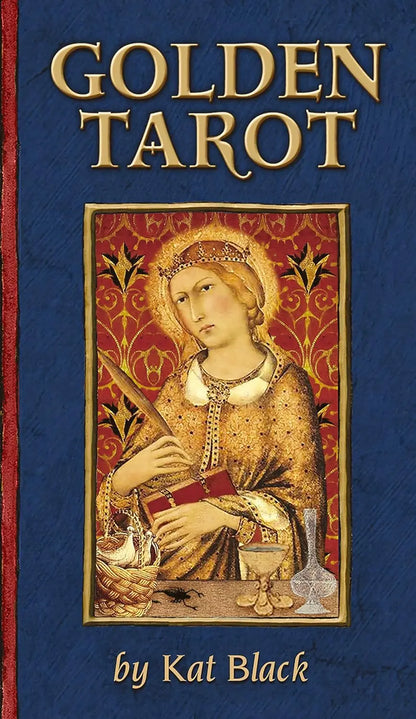 Golden Tarot Linen Edition by Kat Black featuring gold edged tarot cards and fine art collage imagery.